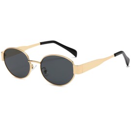 Breaksun Retro Oval Sunglasses for Women Men Fashion Luxury Metal Sun Glasses 90s Vintage Designer style (Gold/Grey)
