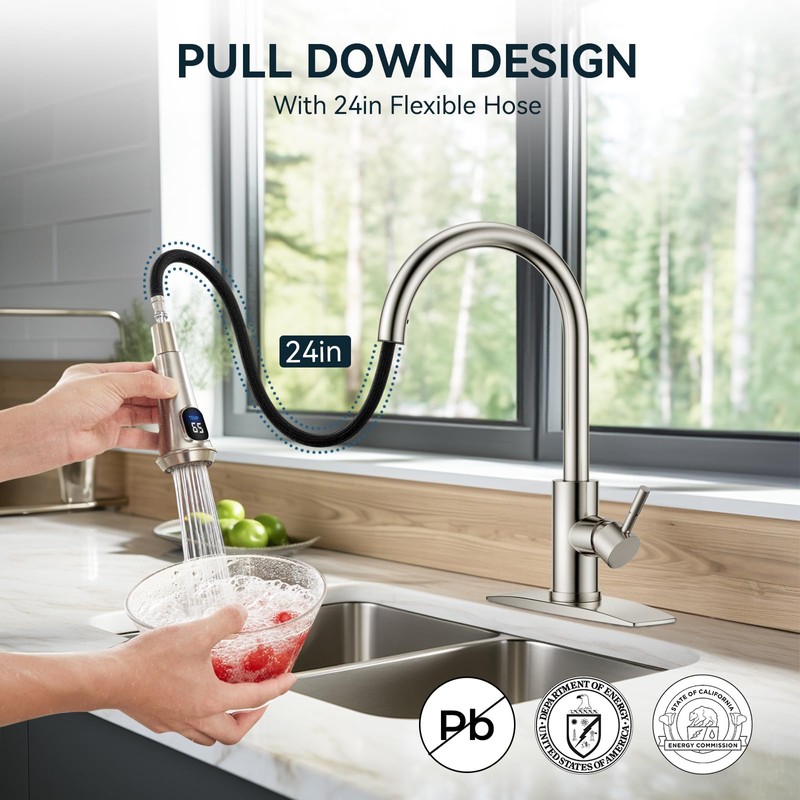 FORIOUS LED Kitchen Faucet with Pull Down Sprayer, Brushed Nickel,