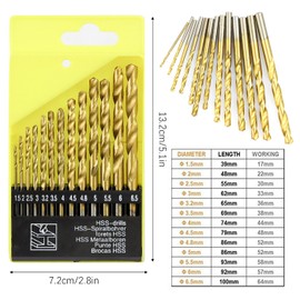 AYNKH 14pcs HSS Twist Drill Bit Set,Metric High Speed Steel Set, M35 Cobalt Titanium Coated Metal Bits Tool, Straight Shank 1mm-6.5mm for Drilling Wood, Metal & Plastic