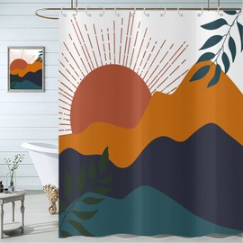 Hnmdmyi Shower Curtain Boho 180 x 200 cm, Mid Century Abstract Mountain Sunset with Leaves Bath Curtain Modern Minimalist Geometric Aesthetic Art Waterproof Fabric Washable Bath Curtain