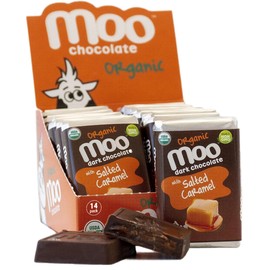 Moo Chocolates Organic Dark Chocolate Mini Bars with Salted Caramel 0.7oz, 14 ct (Pack of 1) | USDA Organic, Non-GMO | 100 Calorie Snacks for On-the-Go, Lunchboxes, Office