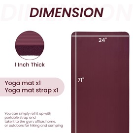Aurorafy Yoga Mat 1-Inch Extra Thick High-Density Exercise Mat with Non-Slip Surface & Carry Strap for Men & Women Tear-Resistant Pilates Workout Mat for Home Gym, Floor Fitness, Deep Wine