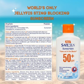Safe Sea Bloqueador Solar con bloqueo de picaduras de medusas, FPS 50+ loción/crema de 118ml/4Floz, impermeable, biodegradable, seguro para arrecifes de coral, para cuerpo y cara, protección contra las medusas, aguamalas, quemadores y piojos de mar. Para 