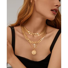 MJartoria Gold Layered Necklaces for Women Trendy Retro Coin Crown Letter Pendant Necklace Dainty Chunky Chain Choker Necklaces for Jewelry Birthday Gifts (Gold, V)