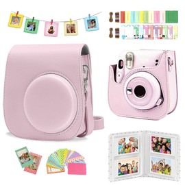 JZCQZCXB Funda Instax Mini 12, Accesorios Instax Mini 12, Estuche de Cuero Premium con Album, Incluir Marco de Fotos Colgante 20, Pegatinas 20, Cuerdas y Clips (Rosa)