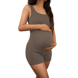 AIBIANOCEL Women's Maternity Bodysuit Pregnancy Shapewear Sleeveless Tank Top Shorts Ribbed Romper Jumpsuit(Tea Leaf,Medium)