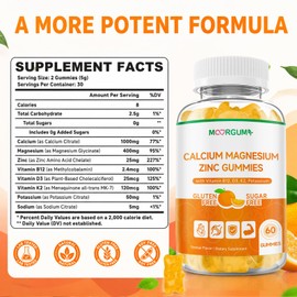 Calcium Magnesium Zinc Gummies - 1000mg Calcium with Vitamin D3, K2, B12 & Potassium 7-in-1 Supplement, Supports Bone, Immune Health & Muscle Function - Sugar-Free Orange Flavor, 60 Count