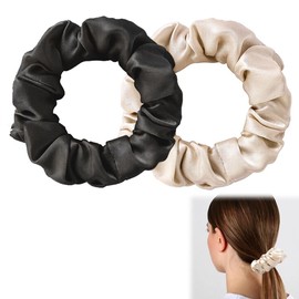 Azlanway Satin Scrunchies Damen, Haargummis aus 100 % Glanz-Satin gegen Frizz & Haarbruch – Sanfte Zopfbänder ohne Abdrücke, 2er Set Schwarz & Champagner – Haarpflege Zubehör für jeden Haartyp