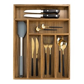EcoFives Luxury Acacia Kitchen Drawer Organizer - Silverware Organizer - Utensil Holder and Cutlery Tray with Grooved Drawer Dividers for Flatware and Kitchen Utensils (6 Slot)