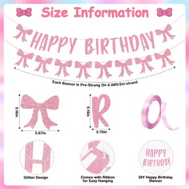 NICECONE Pink Bow Birthday Banner Set - Happy Birthday Decorations with 17 Bows & 7 Swirls, Coquette Party Decor for Girls, Women, Kids Celebration, Party Supplies, Bow Garland Hanging Decor