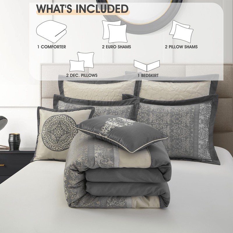 LANCO MODERN LIFESTYLE California King Size Comforter Set, Grey Beige,