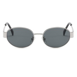 Long Keeper Retro Small Oval Sunglasses Metal Vintage Sunglasses Women Men Oval Retro Glasses Classic UV400 Protection Sunglasses, Silver Frame / Dark Grey Lens