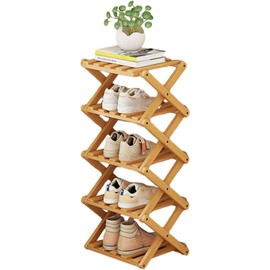 YYW Bamboo Shoe Rack for Entryway,Installation-Free and Foldable Vertical Shoe Storage Organizer,Free Standing Shoe Racks Shelf Closet Shoe Organizer for Living Room (Nature-5 Layers)