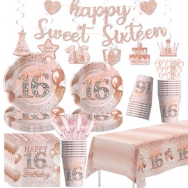 Srua Don Sweet 16 Party Decorations, Rose Gold 16th Birthday Decorations Girls, Paper Plate, Napkin, Cup, Tablecloth, Banner, Swirls, Cutlery, Sixteenth Birthday Party Supplies, Serves 24