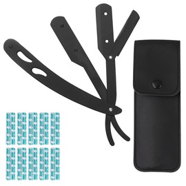 Professional Straight Edge Shaving Razor Barber Razors For Men + Single Blades 10 Pcs, Men's Manual Shaver Salon Quality Matte Black (Black)