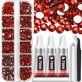 Towenm B7000 Jewelry Adhesive Glue with Rhinestones for Crafts, 4000PCS Tangerine Red Flatback Gems Rhinestones with Tweezer Picker Pencil Clear Glue for DIY Clothes Fabric Shoes Jewelry Making Nail