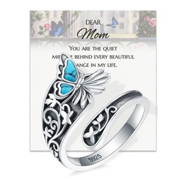 EJALEN Turquoise/Opal/Obsidian/Abalone Dragonfly/Butterfly Sunflower Vintage Thumb Spoon Adjustable Ring Jewelry Gift for Mom/Daughter/Wife/Women (Turquoise Butterfly, Mom)