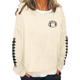 Game Day Sweatshirt for Women - Womens Football Shirts Graphic Pullover Letter Print Long Sleeve Casual Tee Top Beige
