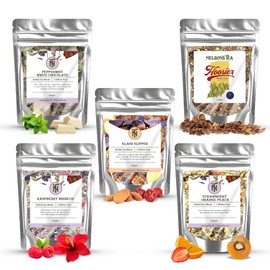 Nelson's Tea Caffeine Free Sampler Pack - Loose Leaf Tea Sampler - Peppermint White Chocolate, Glass Slipper, Hoosier Kettle Corn, Raspberry Hibiscus, Strawberry Orange Peach - Sample Sizes