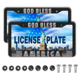 License Plate Frames Black and White License Plate Frame God Bless America Aluminum Metal Car Accessory 2 Pack with Screw Covers Set