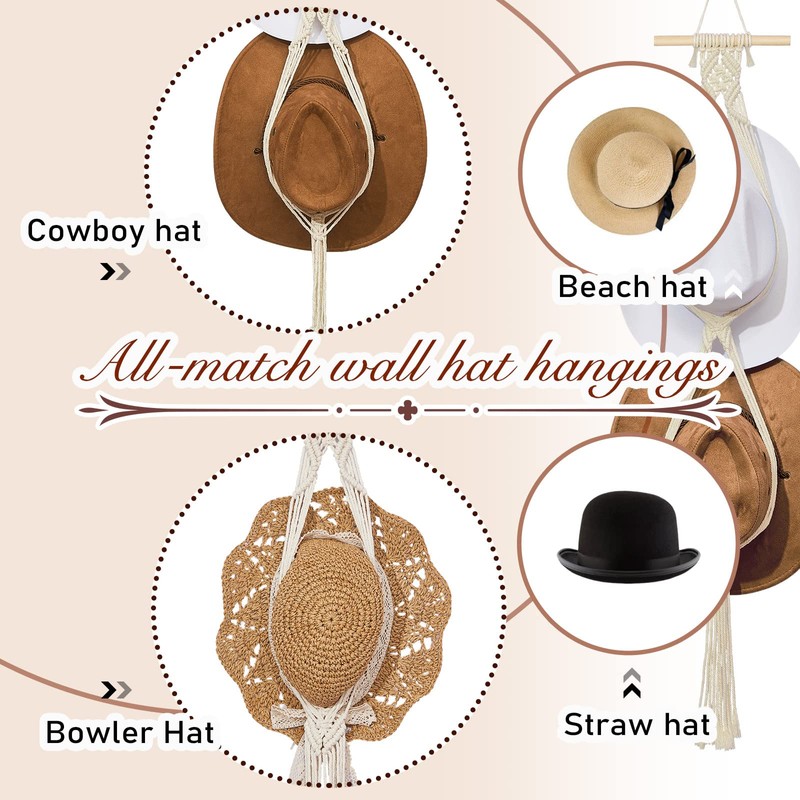 Yulejo Macrame Hat Hangers Boho Hat Rack Cowboy Hat Hanger