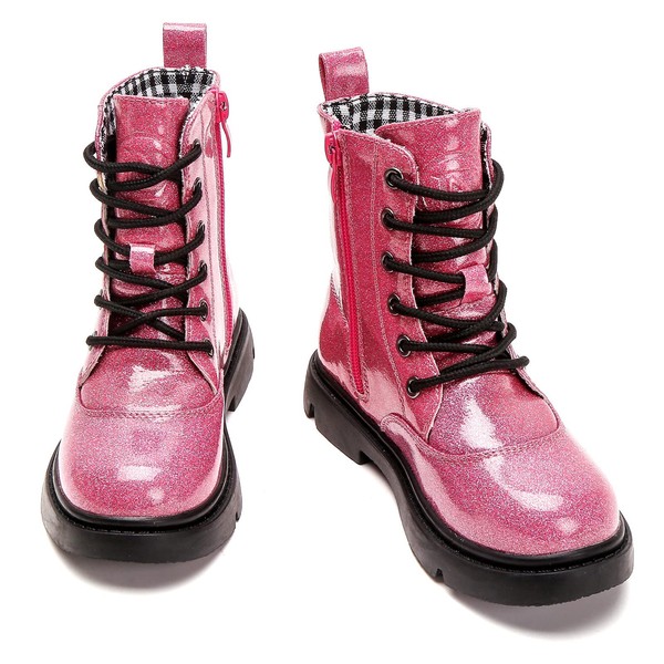 DADAWEN Boys Girls Waterproof Lace Up Glitter Mid Calf Combat Boots With Side Zipper for Toddler/Little Kid/Big Kid Hot Pink Glitter US Size 13 M Little Kid