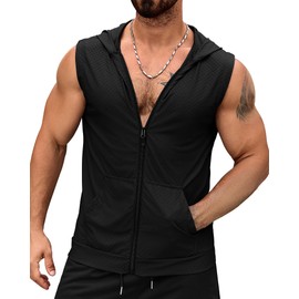 Aiyino Men's Workout Hooded Tank Tops Zip Up Sleeveless Gym Shirts Muscle Cut Off T Shirt Bodybuilding Hoodies 3XL Black