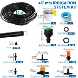 VooGenzek 81 Pieces 4/7 mm Irrigation Kit, 15 m Irrigation Hose, DIY Garden Irrigation System, with Passage Connector, T Connector, Hose End Plugs, for Patio