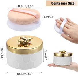 SUMTree Ceramic Body Powder Puffs and Container, Dusting Powder Container with 2 Puffs for Women, Empty Talcum Box for Baby, 10.8 * 10.8 * 7cm, 1 Pink & 1 White Puffs, Golden Bee Lid