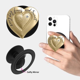 Penslor One-Touch Phone Grip with Expanding Kickstand, Compatible with MagSafe, Practical Safety Mirror, Expanded Grip Space, Metal Ring for Magsafe Included, Deflick Mag - Everyday Heart Gold