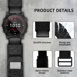 SumRioo QuickFit 26 mm Bracelet for Garmin Fenix 7X Pro Solar/7X Pro/7X Solar/7X/6X Solar/6X Pro/6X/5X Plus/5X, Nylon Replacement Strap for Garmin Fenix 3/3HR/Epix Pro 51 mm/Tactix Delta Solar, Black
