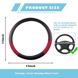 Leather Car Steering Wheel Covers,Breathable Anti-Slip Stearing Wheel Cover Car Decorations,14.5"-15" Sterring Wheel Cover Car Accessories Interior for Most Cars SUVs (Black Red)