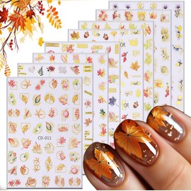 8 Sheets Autumn Nail Art Sticker 3D Self-Adhesive Gold Maple Leaf Ginkgo Leaf Pine Nut Design Nail Art Decals Fall Thanksgiving Day Nail Sticker Decoration for Women Acrylic Nails Manicure Supplies