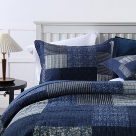 Brindille Queen Size Quilt - 100% Cotton Bedding Set (90 * 98 Inch) with 2 Pillow Shams, Patchwork Reversible Lightweight Bedspread, Quilted Coverlet Fit All-Season