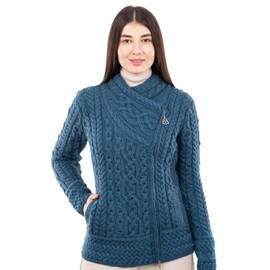 SAOL Cárdigan irlandés para mujer hecho de 100% lana merina, suéter de Irlanda, chamarra de punto trenzado con cierre, verde azulado, XS