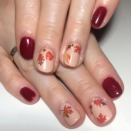 Vopintpy Wine Red Fall Press on Nails Short Thanksgiving Square Fake Nails Autumn Maple Leaf Acrylic Glue on Nail Glossy Maple Leaves Artificial Stick on Nail for Women DIY Manicure