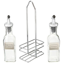 Cuisinox Cruet Oil and Vinegar Bottles Set with Dripless Spouts and Wire Caddy, English Labels - 6 oz. each
