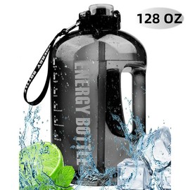 1 Gallon Water Bottles,128 oz Motivational Time Marked With Straw,BPA Free,Leak Proof Sports Water Bottle Drink Drinkware Lightweight Detachable - Color: Black
