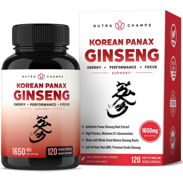 NutraChamps Korean Red Panax Ginseng - 120 Vegan Capsules Extra Strength Root Extract Powder Supplement w/ High Ginsenosides