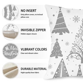 Christmas Cushion Covers, 45x45cm Xmas Decorative Pillow Case Set of 4, Xmas Holiday Throw Pillow Cover, Decorative Gray Linen Square Pillowcase with Winter Snowflake, Merry Christmas, Xmas Tree Print