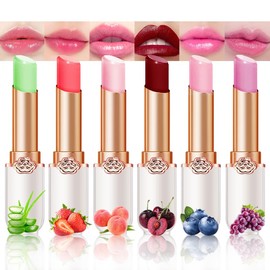 BINGBRUSH Peach Color Changing Lipstick,Moisturizer Long Lasting Lip Care Lip Balm Magic Lip Gloss Lip Tint Stain Gloss Set for Women (6Pcs Aloe Vera + Strawberry + Peach + Cherry + Blueberry + Grape)