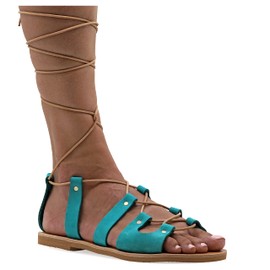 Emmanuela Sandalias de gladiador griegas antiguas, sandalias planas de cuero hechas a mano con puntera abierta y cordones, zapatos de verano para atar mujeres, Turquesa, 24.0 cm