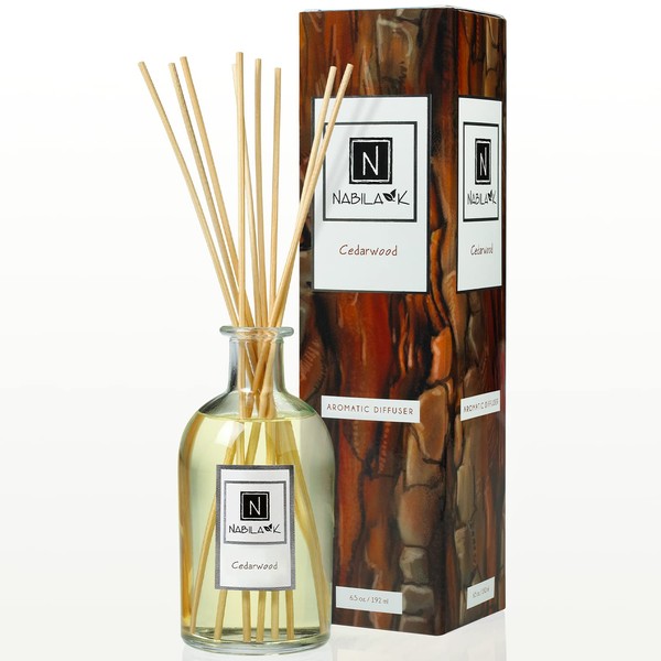 Nabila K - Cedarwood - Essential Oil Reed Diffuser - Aromatic Diffuser - Home, Office, Kitchen, Bathroom - Home Decor - Aroma Therapy - Spicy Floral, Citrus, Vanilla, & Spice - Fragrance Gift - 6.5 oz