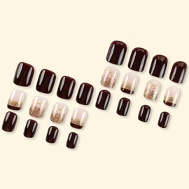 French Tip Press on Nails Short Brown Fake Nails Gold Glitter Acrylic Nails Square Glue on Nails Glossy Full Cover Artificial False Nails Gold Foil Stick on Nails for Women 24 Pcs