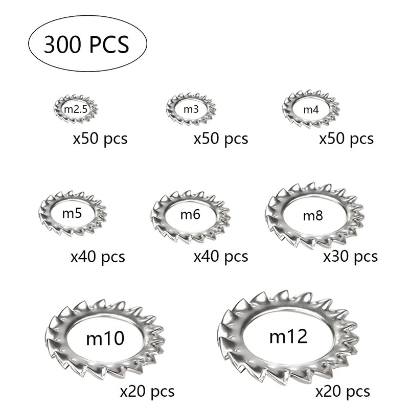 Dzsomt Tooth Washers 300 Pieces Lock Washers Stainless Steel Serrated