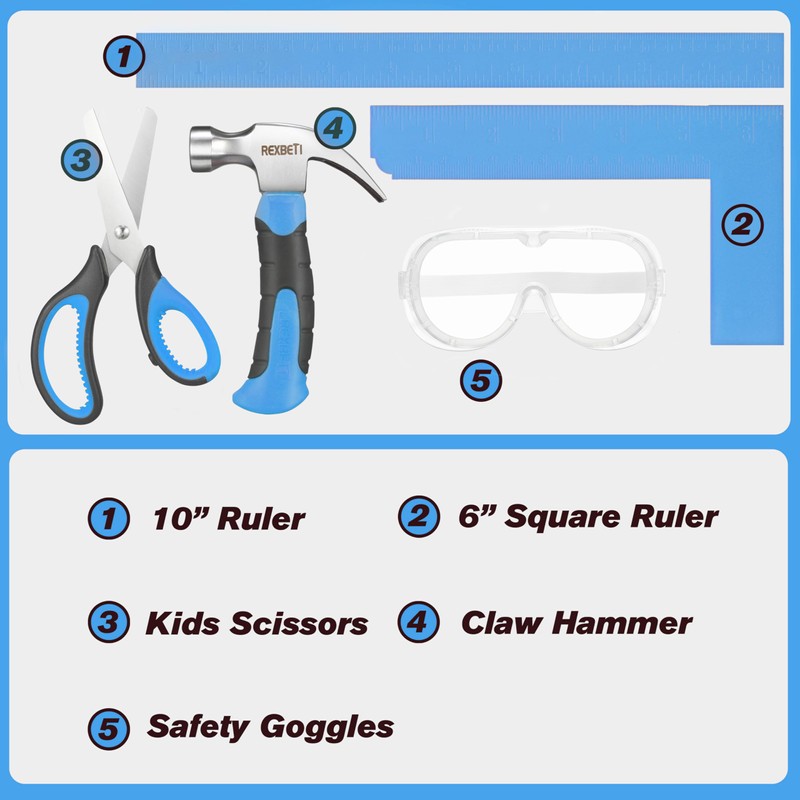 REXBETI 10-Piece Kids Tool Set with Real Hand Tools, Blue
