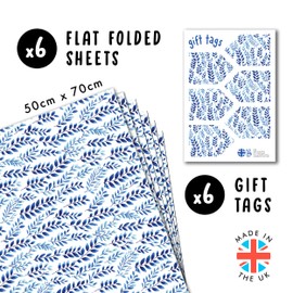 CENTRAL 23 White Wrapping Paper - 6 Sheets Of Gift Wrap For Men And Women - Blue Leaves - Winter - For Birthday Wedding Christmas - Comes With Stickers
