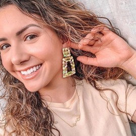 Flyonce Rectangle Clip-on Drop Earrings for Women, Sparkly Rhinestone Crystal Geometric Statement Non Pierced Earring Valentine Pink