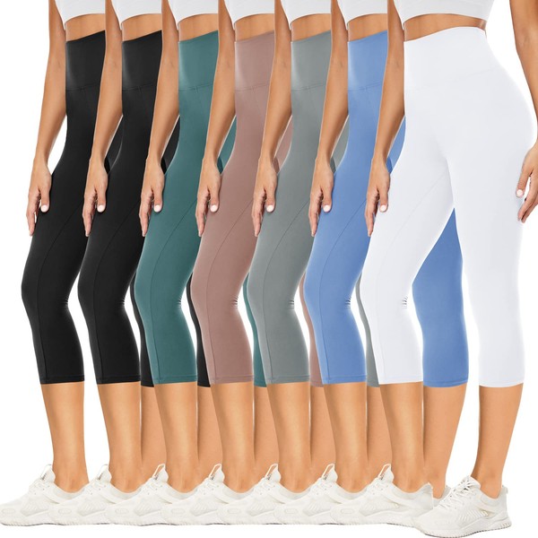 YOLIX 7 Pack Capri Leggings for Women, High Waisted Black Soft Workout Yoga Pants
