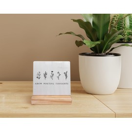 EIONEY Boho Neutral Botanical Desk Decor Wood Plaque with Wooden Stand,Grow Positive Thoughts Mental Health Therapy Office Desk Accessories,School Counseling Office Must Haves,Shelf Decor Aesthetic